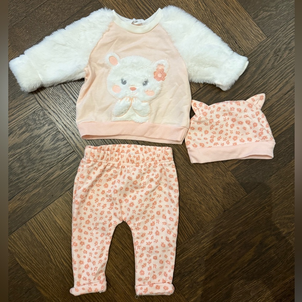 Pink faux fur sweat suit with hat